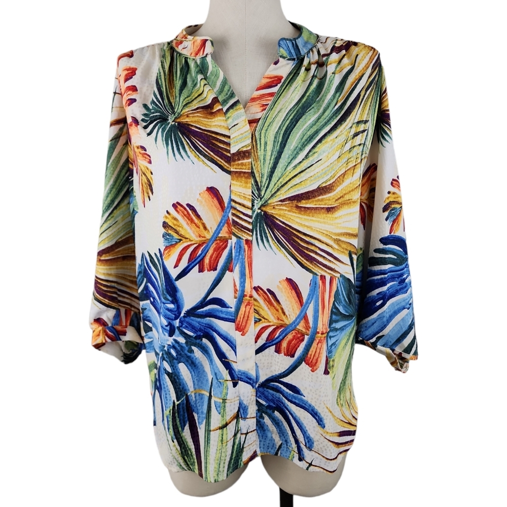 Chico’s Palm Print Blouse Womens Sz 1 8/10 Balloon Sleeves V-Neck Tropical Beach